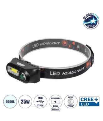 GLOBOSTAR® HEADLAMP 79066 Φακός Κεφαλής με Αισθητήρα Hand Swipe LED 25W 2500lm 60° DC 5V με USB-C με Επαναφορτιζόμενη Μπαταρία Li-ion 3.7V 1x18650 4800mAh Αδιάβροχο IP54 Ψυχρό Λευκό 6000K - CREE COB Chip - Μ8.5 x Π4 x Υ4cm - 2 Χρόνια Εγγύηση